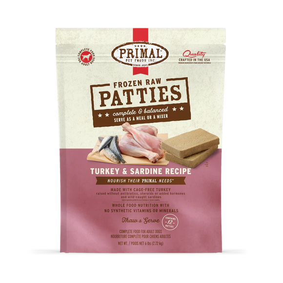 Primal Pet Foods Frozen Raw Patties Dog Food Turkey & Sardine Recipe