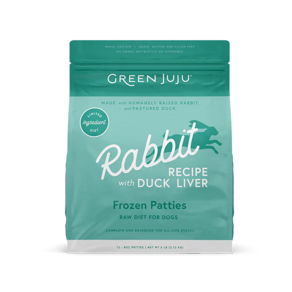 Green Juju Rabbit Recipe with Duck Liver Frozen Patties & Sliders Raw Diet for Dogs (6 LB)