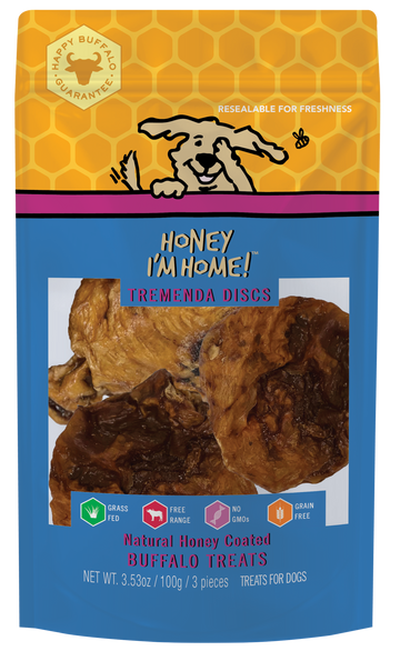 Honey I'm Home! Natural Honey Coated Buffalo Dog Treats Tremenda Discs Puffs