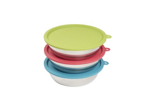 Messy Mutts 6pc Set with Three Stainless Steel Bowls and Three Silicone Lids